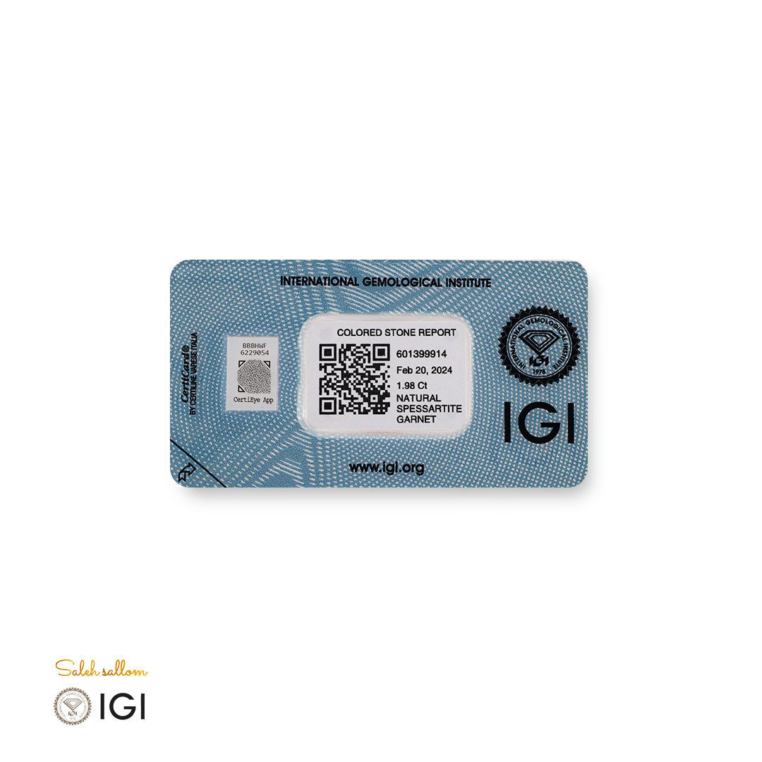 Natural Spessartite Garnet – Certified by IGI | 1.98 Carats | Report No. 601399914