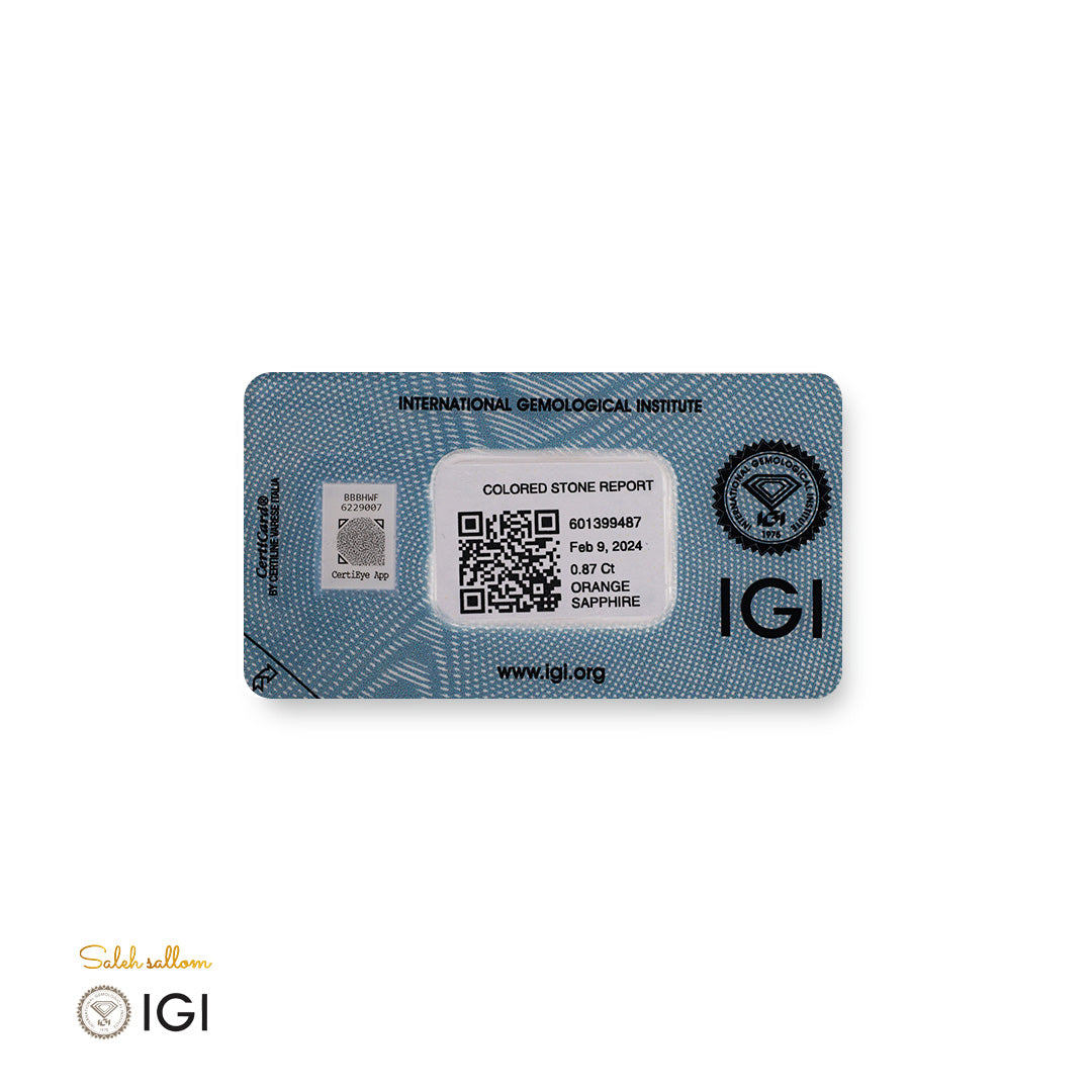 Orange Sapphire – Certified by IGI | 0.87 Carat | Report No. 601399487