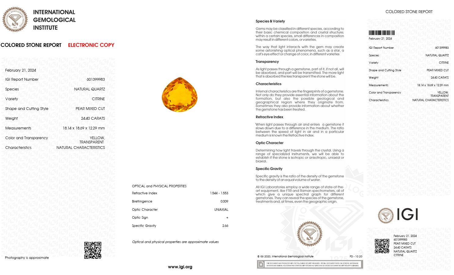 Natural Citrine – Certified by IGI | 24.40 Carats | Report No. 601399983