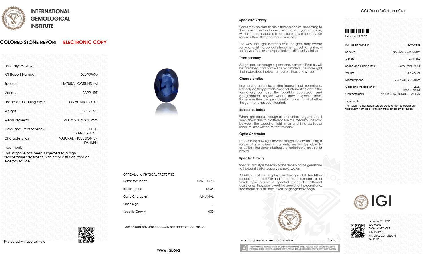 Natural Blue Sapphire – Certified by IGI | 1.87 Carat | Report No. 620409636