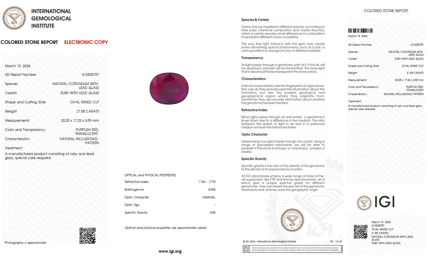 Ruby with Lead Glass – Certified by IGI | 21.58 Carats | Report No. 612305757