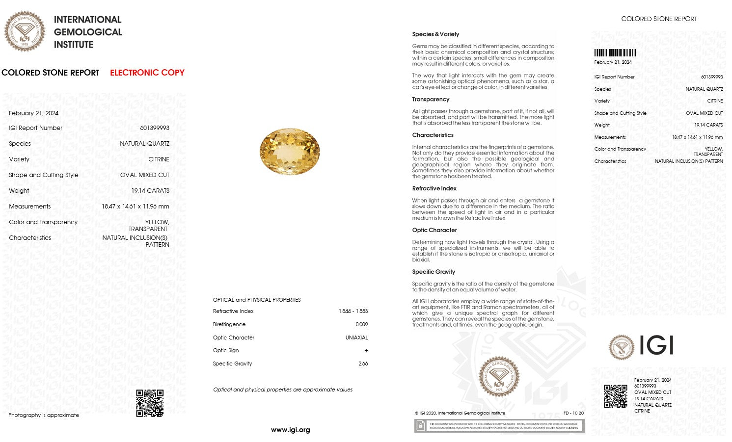 Natural Citrine – Certified by IGI | 19.14 Carats | Report No. 601399993