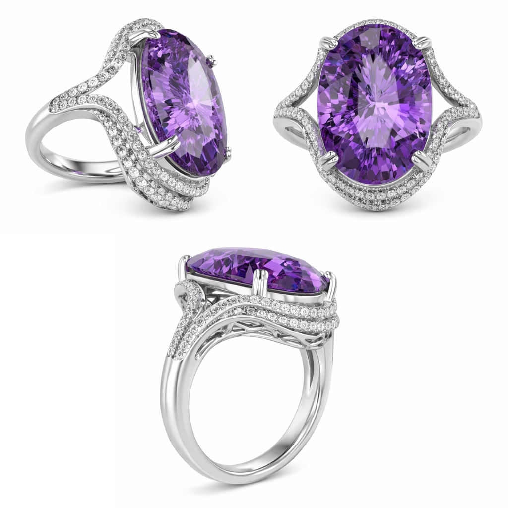 Purple Cushion Gemstone Ring with Diamond Halo-Saleh Sallom