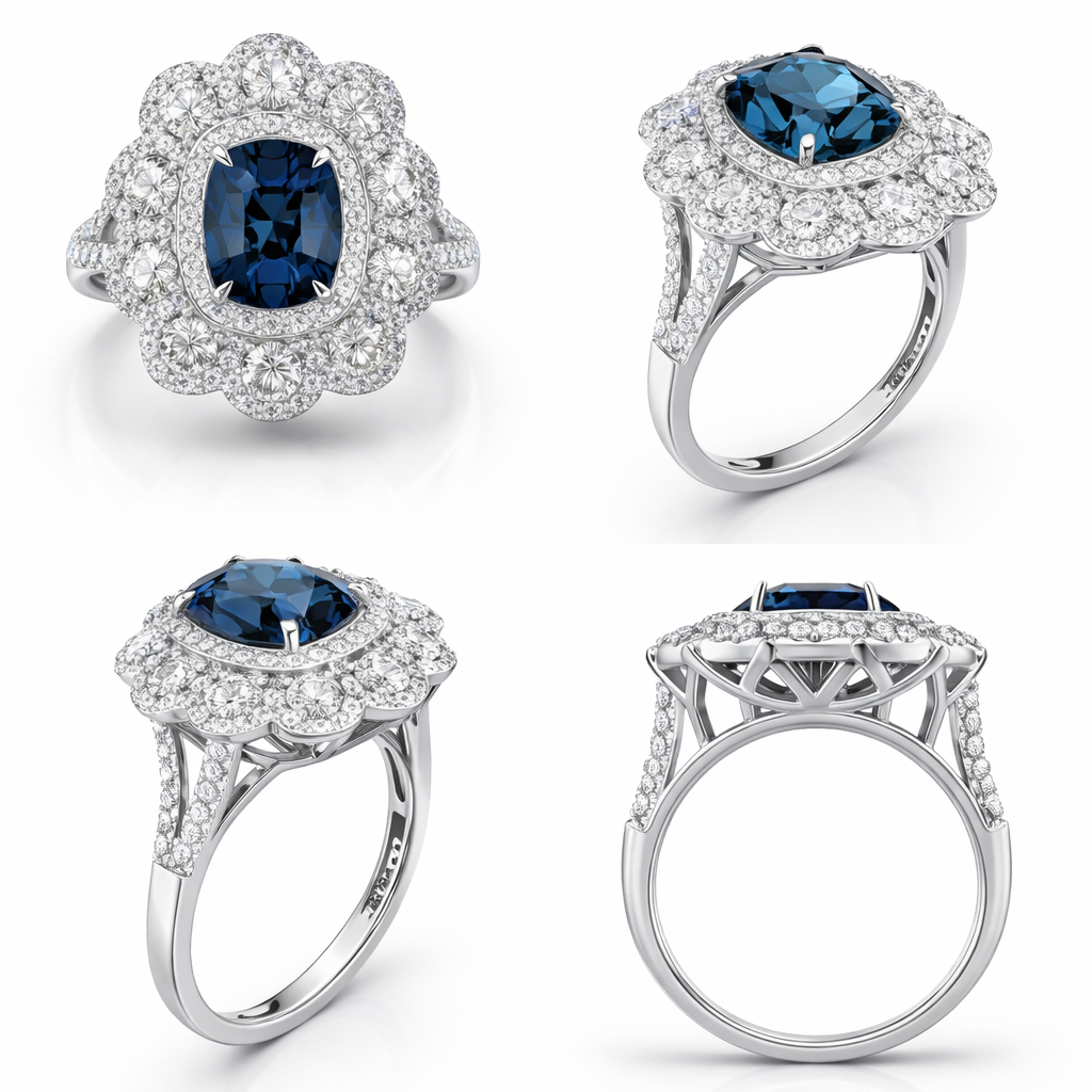 White Gold Diamond Halo Ring with Deep Blue Center Stone – IGI Certified-Saleh Sallom
