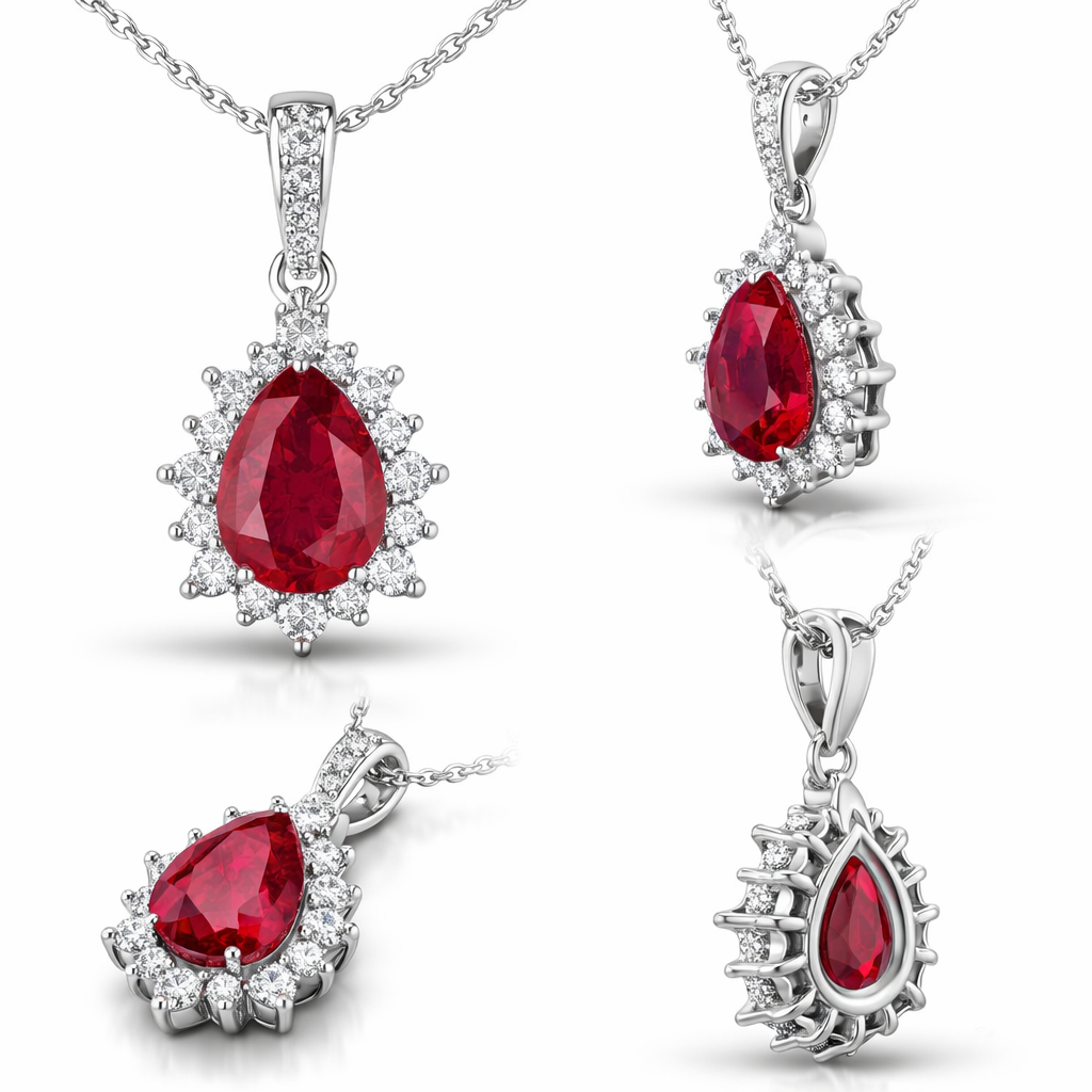 Pear-Shaped Ruby & Diamond Halo Necklace in 18K White Gold-Saleh Sallom
