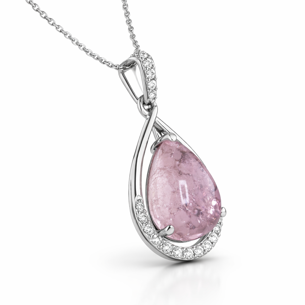 Pink Pear-Cut Gemstone & Diamond Drop Necklace in 18K White Gold-Saleh Sallom