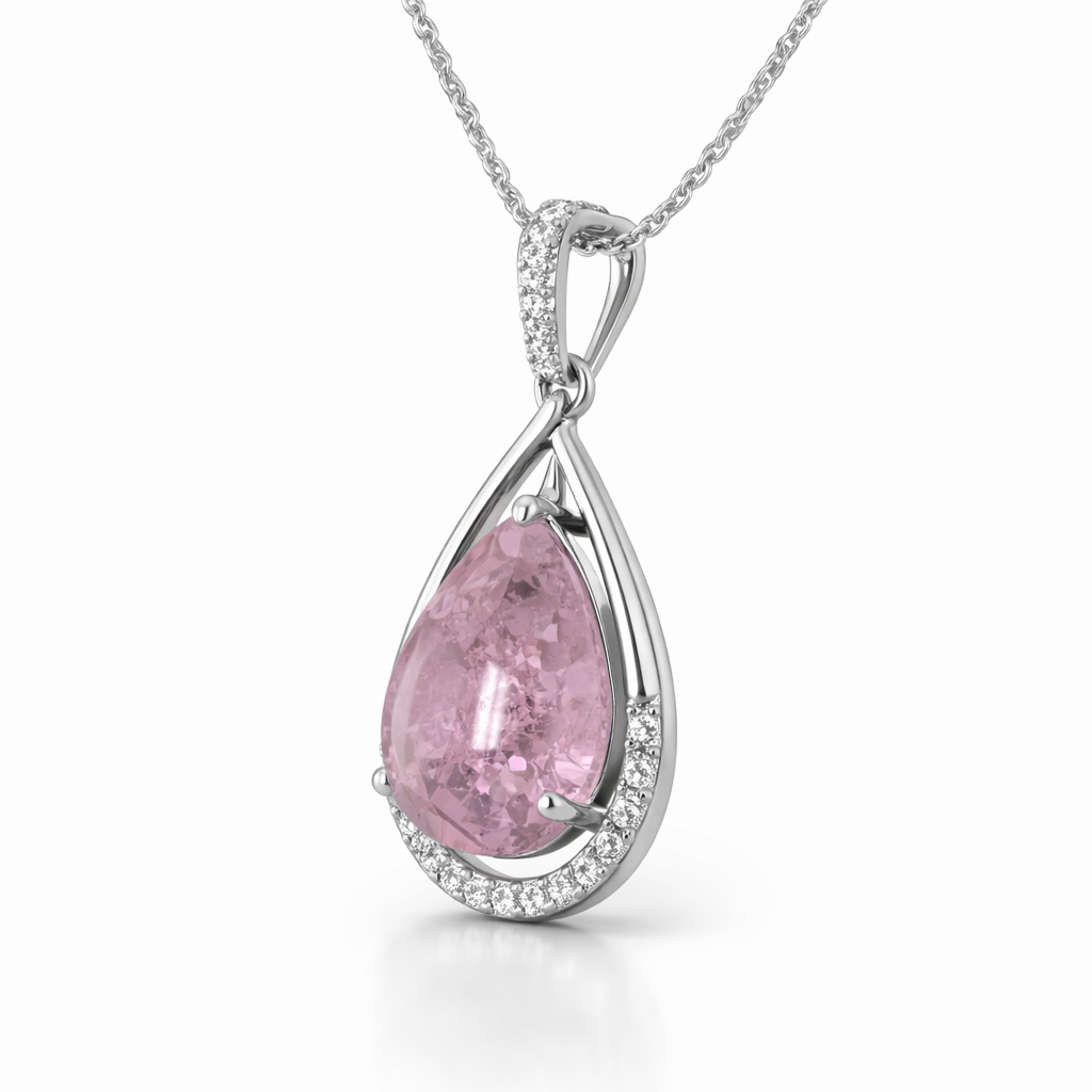 Pink Pear-Cut Gemstone & Diamond Drop Necklace in 18K White Gold-Saleh Sallom