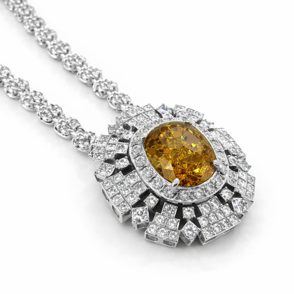 Oval Yellow Gemstone & Diamond Halo Necklace in 18K White Gold-Saleh Sallom