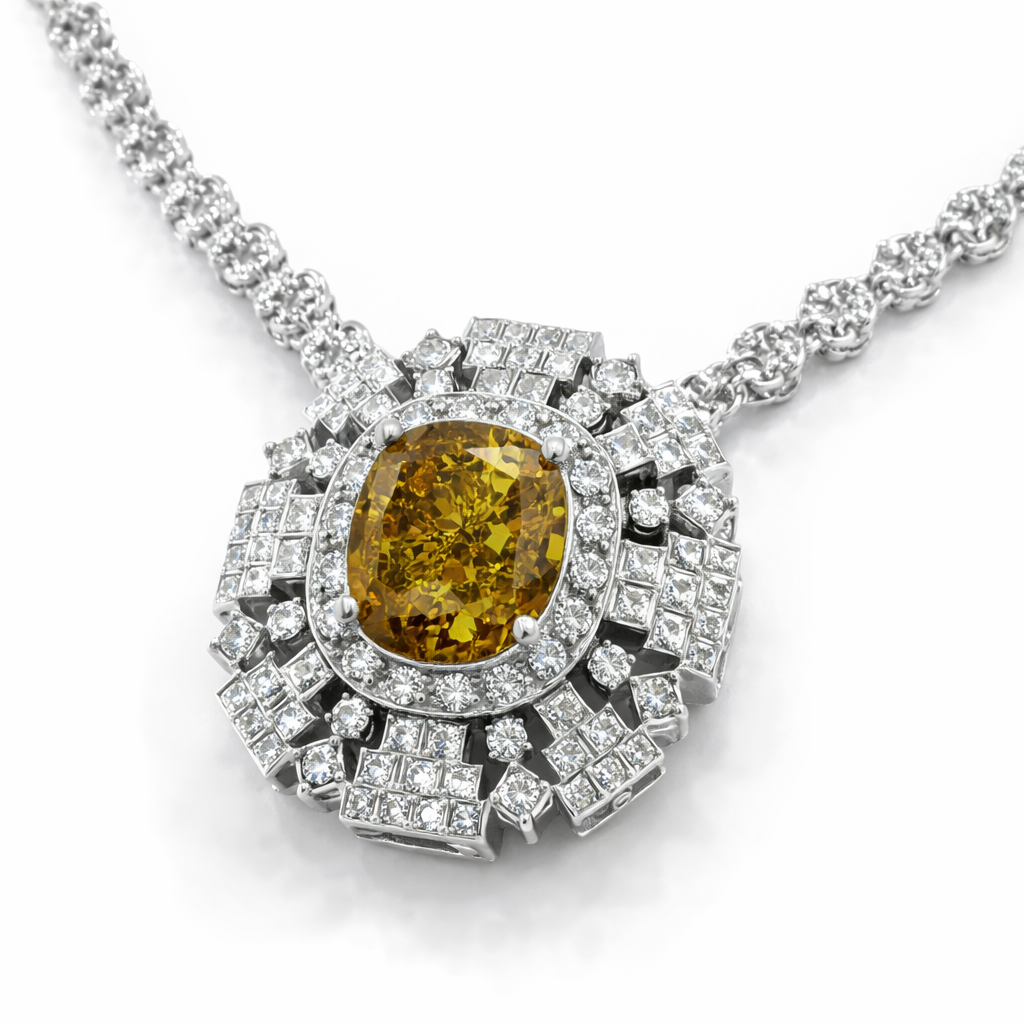 Oval Yellow Gemstone & Diamond Halo Necklace in 18K White Gold-Saleh Sallom