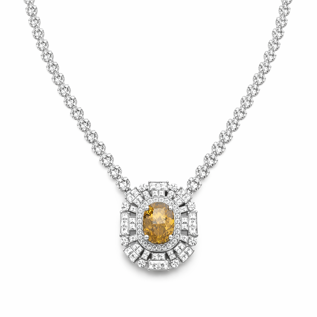 Oval Yellow Gemstone & Diamond Halo Necklace in 18K White Gold-Saleh Sallom