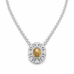 Oval Yellow Gemstone & Diamond Halo Necklace in 18K White Gold-Saleh Sallom