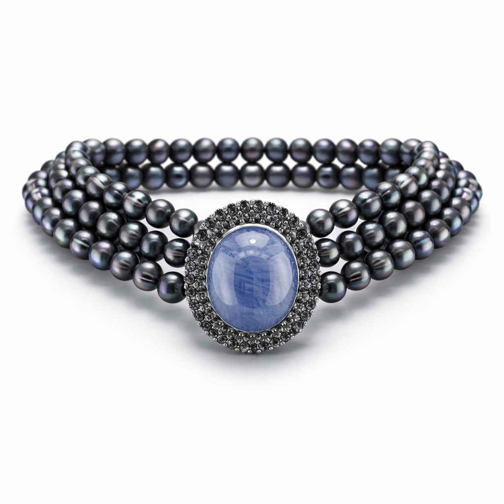 Three-Strand Natural Black Pearl Necklace with Blue Cabochon Center and Diamond Halo-Saleh Sallom