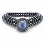 Three-Strand Natural Black Pearl Necklace with Blue Cabochon Center and Diamond Halo-Saleh Sallom
