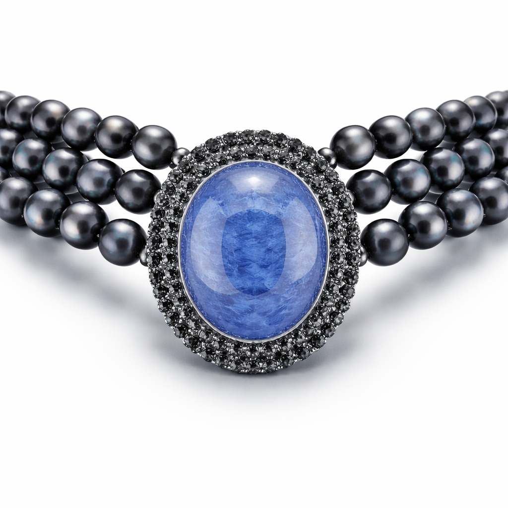 Three-Strand Natural Black Pearl Necklace with Blue Cabochon Center and Diamond Halo-Saleh Sallom