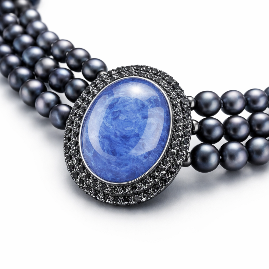 Three-Strand Natural Black Pearl Necklace with Blue Cabochon Center and Diamond Halo-Saleh Sallom