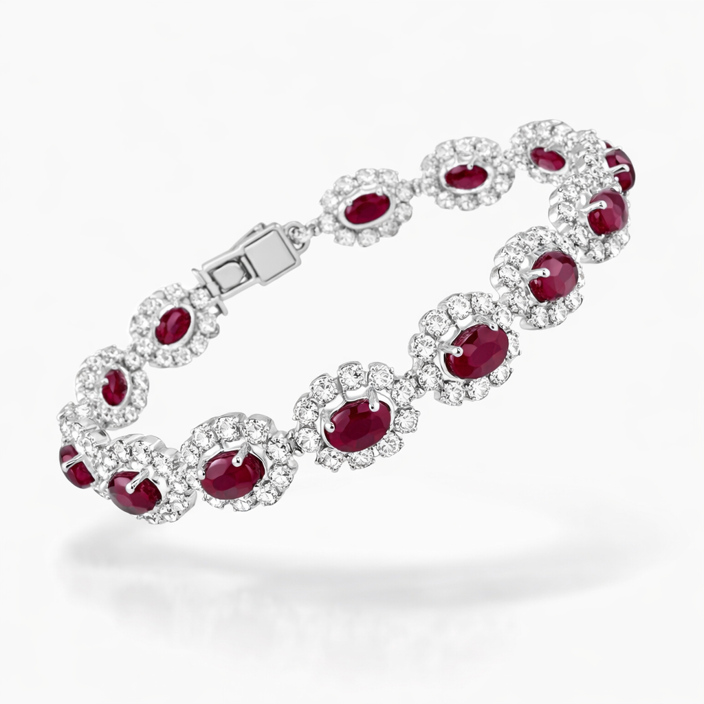 Oval Ruby & 4.00 CT Diamond Halo Bracelet in White Gold-Saleh Sallom