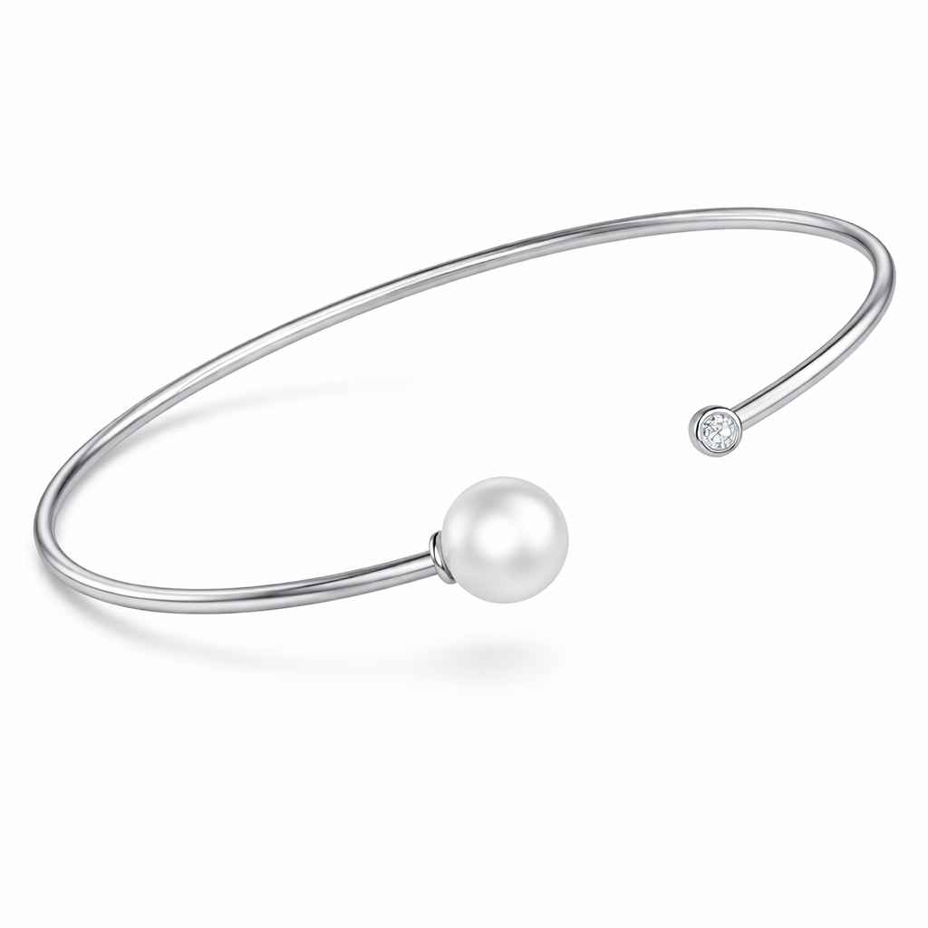 Open Pearl & Diamond Bangle Bracelet in White Gold-Saleh Sallom