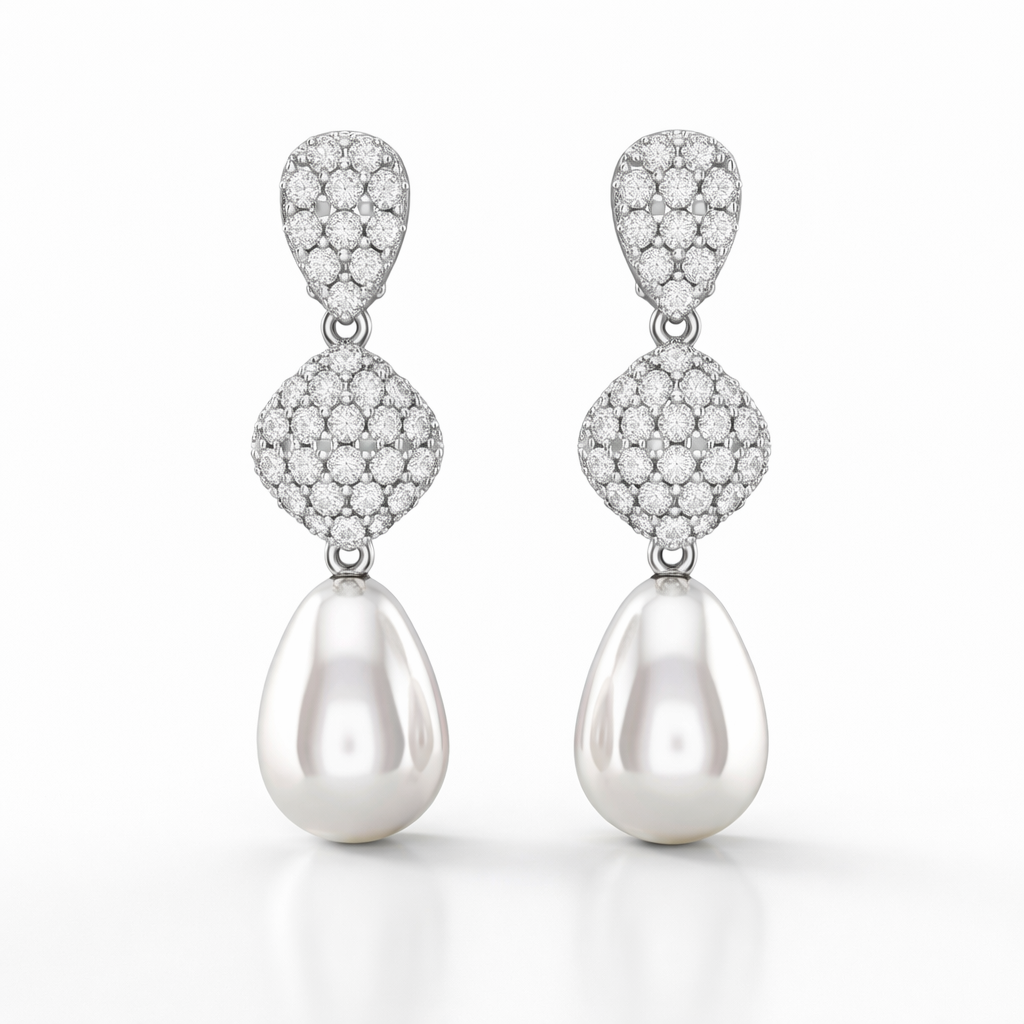 Diamond Drop Earrings with Pearls in White Gold-Saleh Sallom
