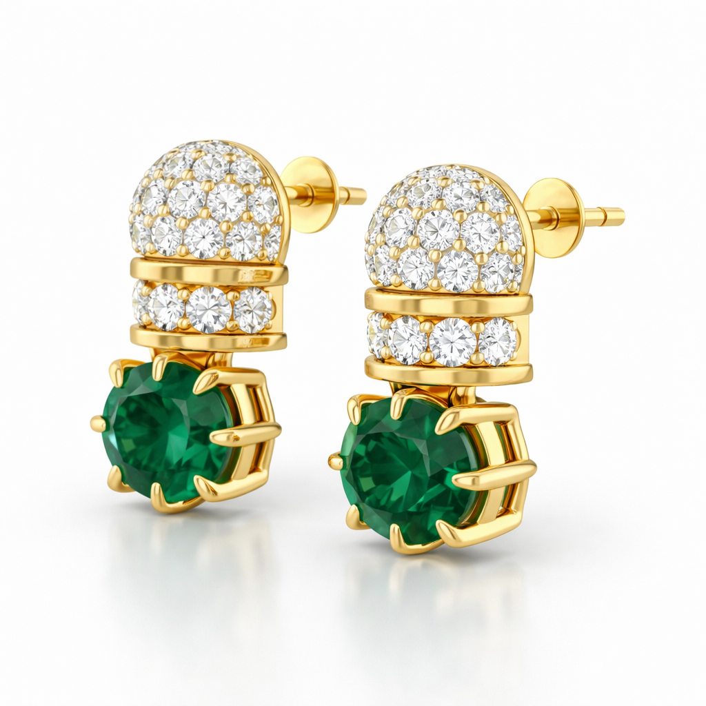 Diamond & Green Gemstone Stud Earrings in Yellow Gold-Saleh Sallom Main image