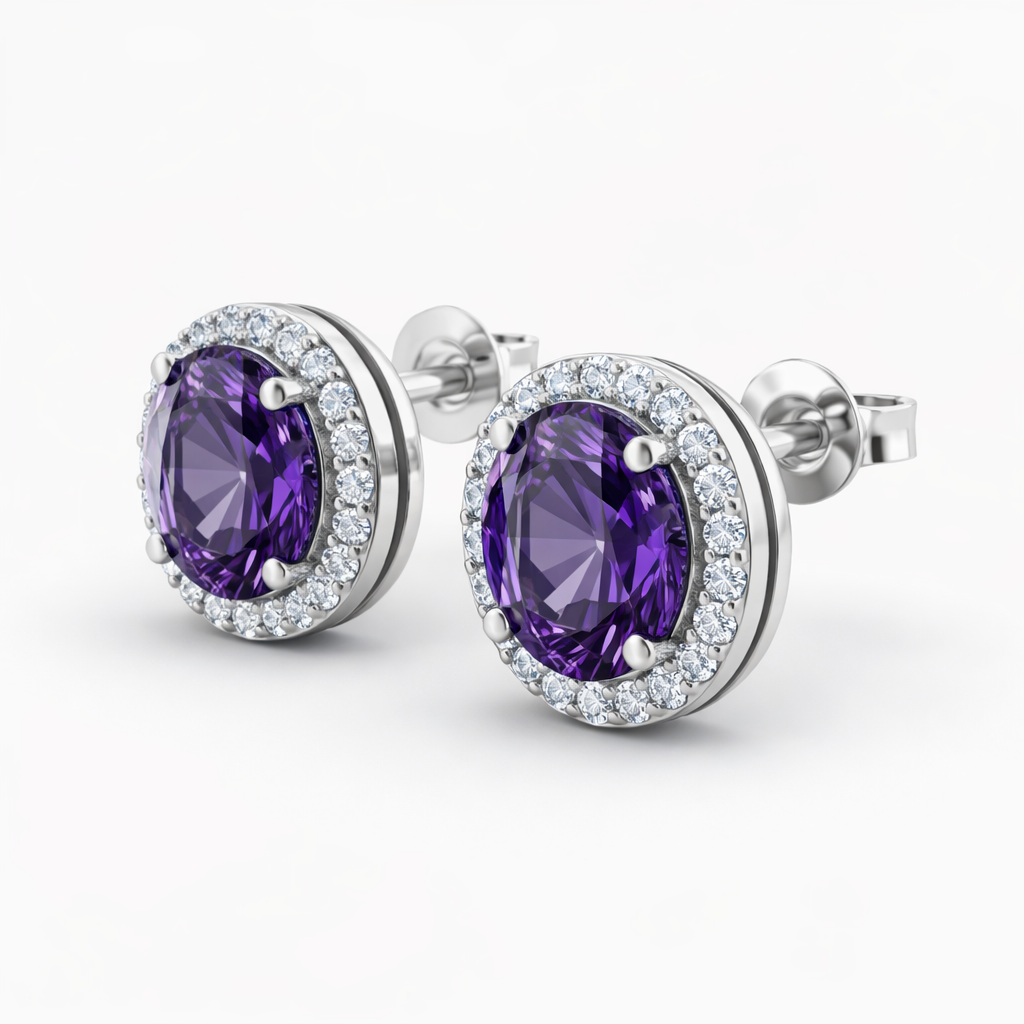 Color-Change Lab-Grown Sapphire & Lab-Grown Diamond Halo Earrings in 18K White Gold – IGI Certified-Saleh Sallom
