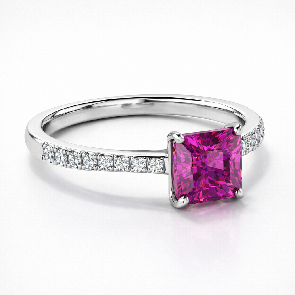 Pink Sapphire & Diamond Solitaire Ring in 18K White Gold-Saleh Sallom Main image