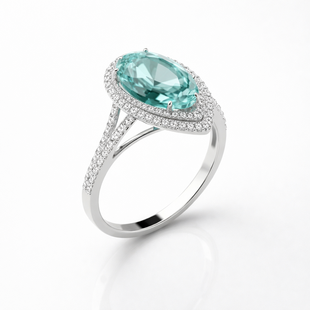 Green Sapphire & Diamond Pear Halo Ring in 18K White Gold Secondary image
