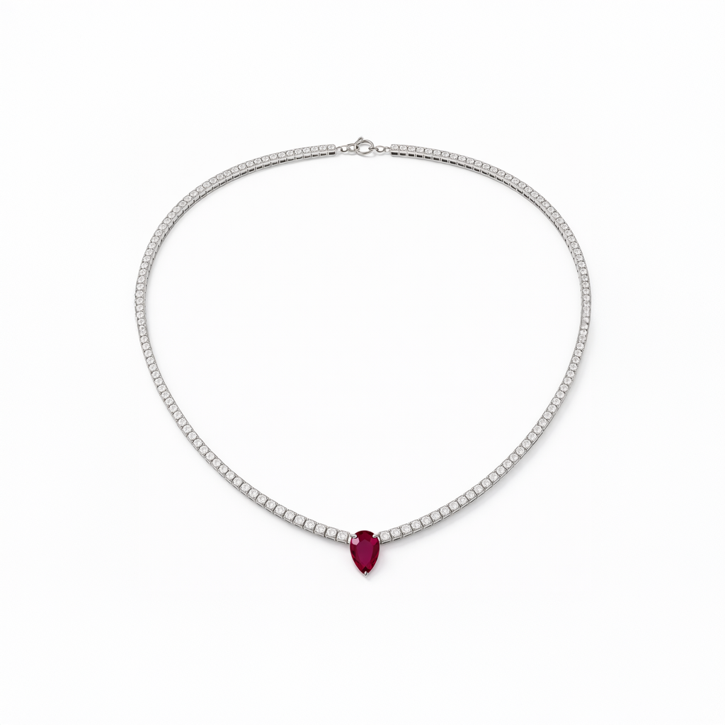 Lab-Grown Ruby & Lab-Grown Diamond Tennis Necklace in 18K White Gold-Saleh Sallom