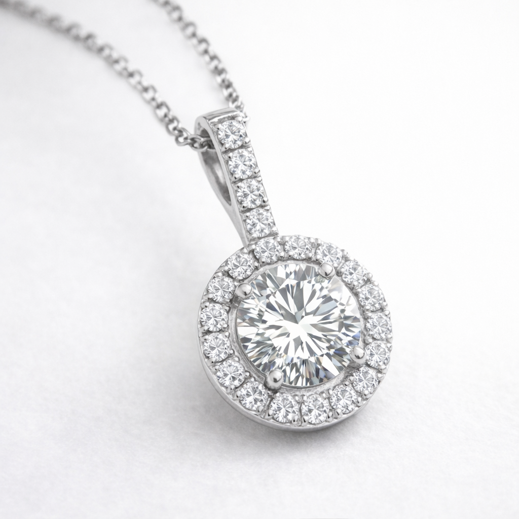 Round Lab-Created Diamond Halo Pendant Necklace in 14K White Gold-Saleh Sallom