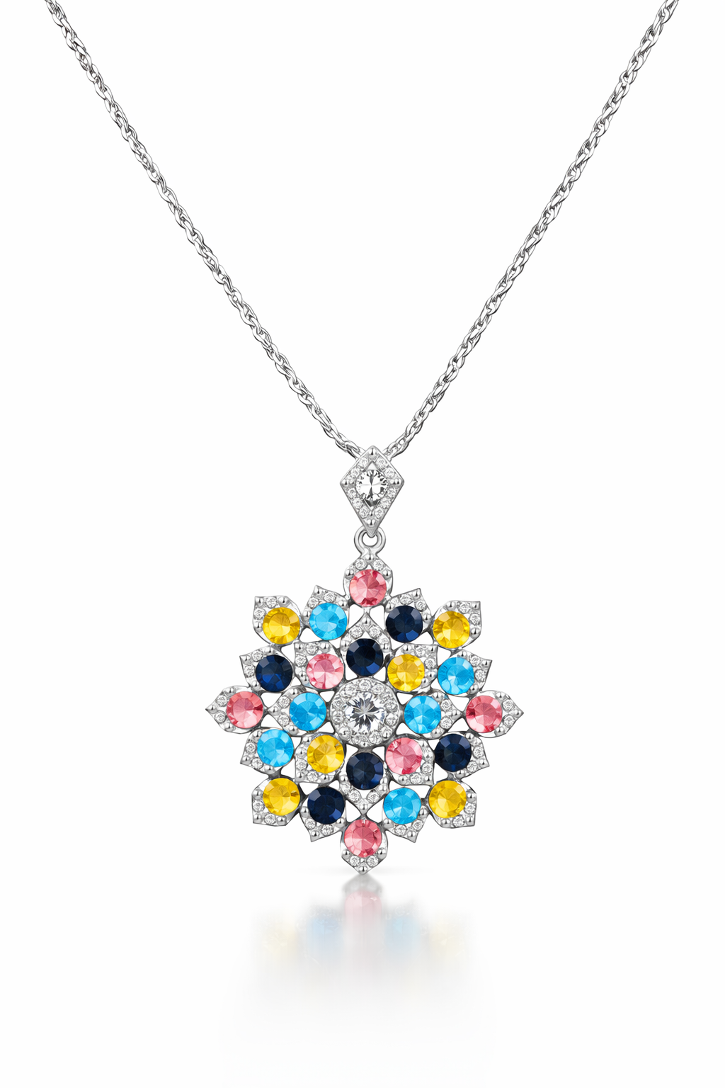 Multicolor Floral Cluster Pendant with American Diamonds in Rhodium-Plated Sterling Silver-Saleh Sallom