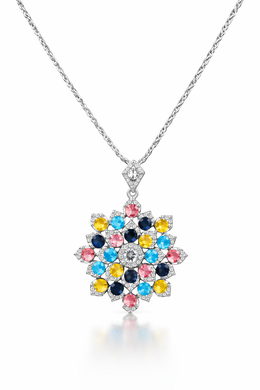 Multicolor Floral Cluster Pendant with American Diamonds in Rhodium-Plated Sterling Silver-Saleh Sallom