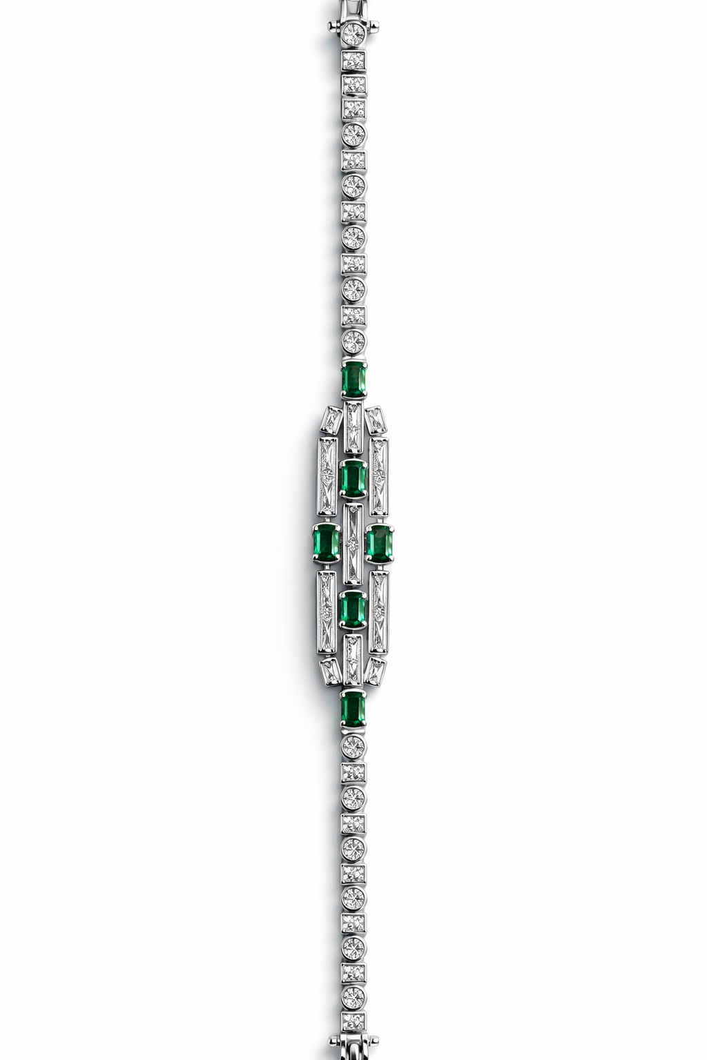 Emerald-Green Square-Cut American Diamond Link Bracelet in Rhodium-Plated Sterling Silver-Saleh Sallom