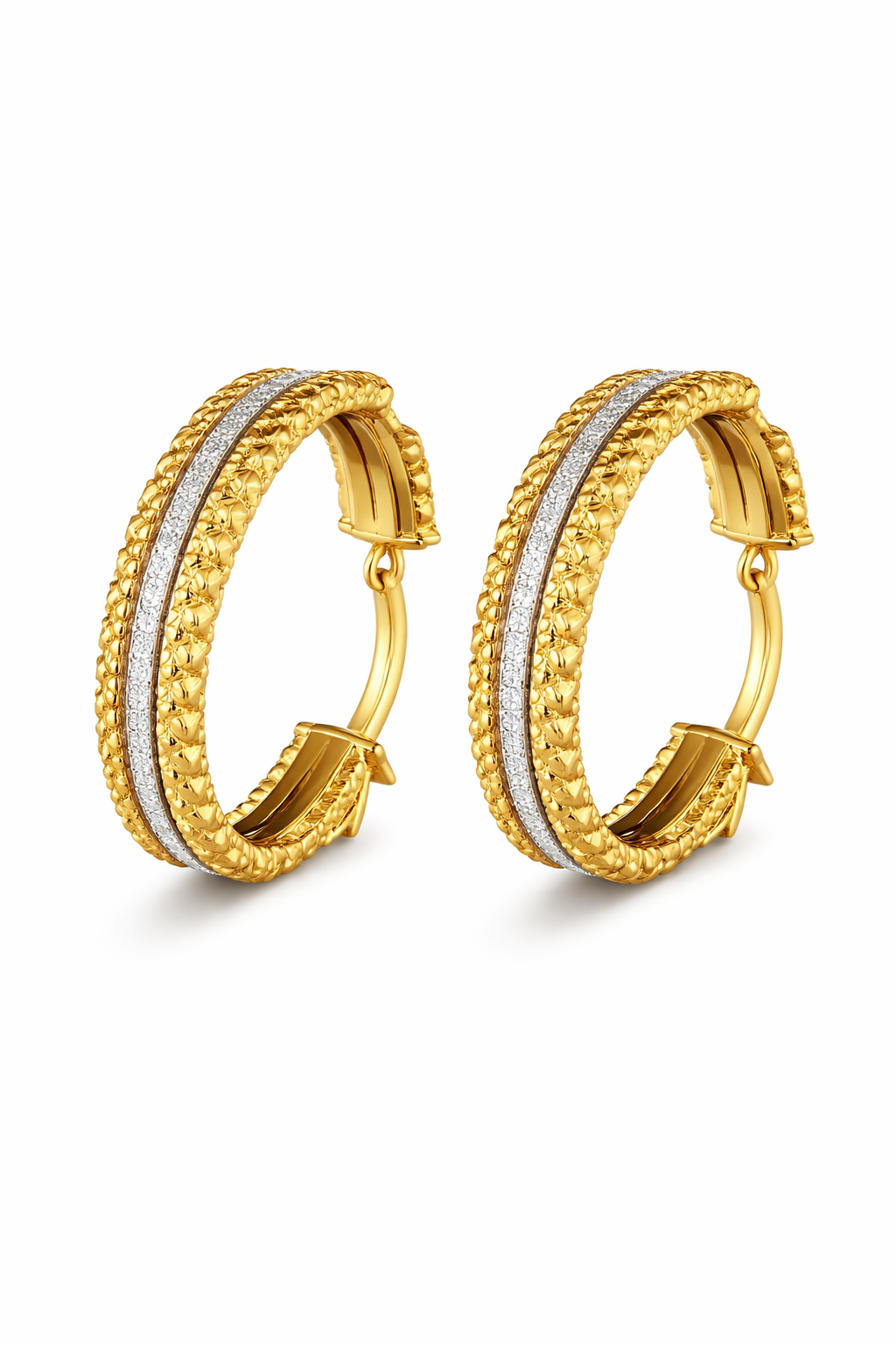 Gold-Plated Textured Hoop Earrings with Diamond-Dust Center Strip-Saleh Sallom