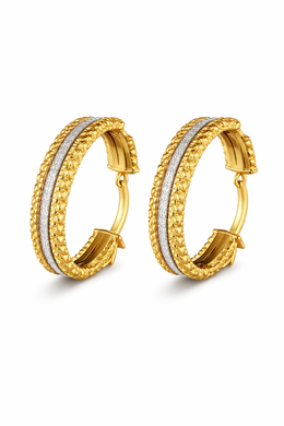 Gold-Plated Textured Hoop Earrings with Diamond-Dust Center Strip-Saleh Sallom