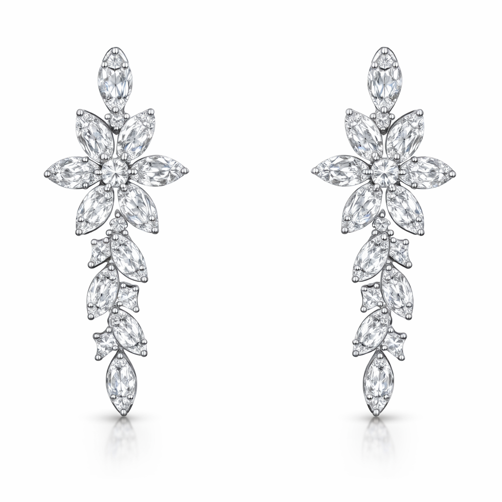 Floral American Diamond Jewelry Set in Rhodium-Plated Sterling Silver-Saleh Sallom