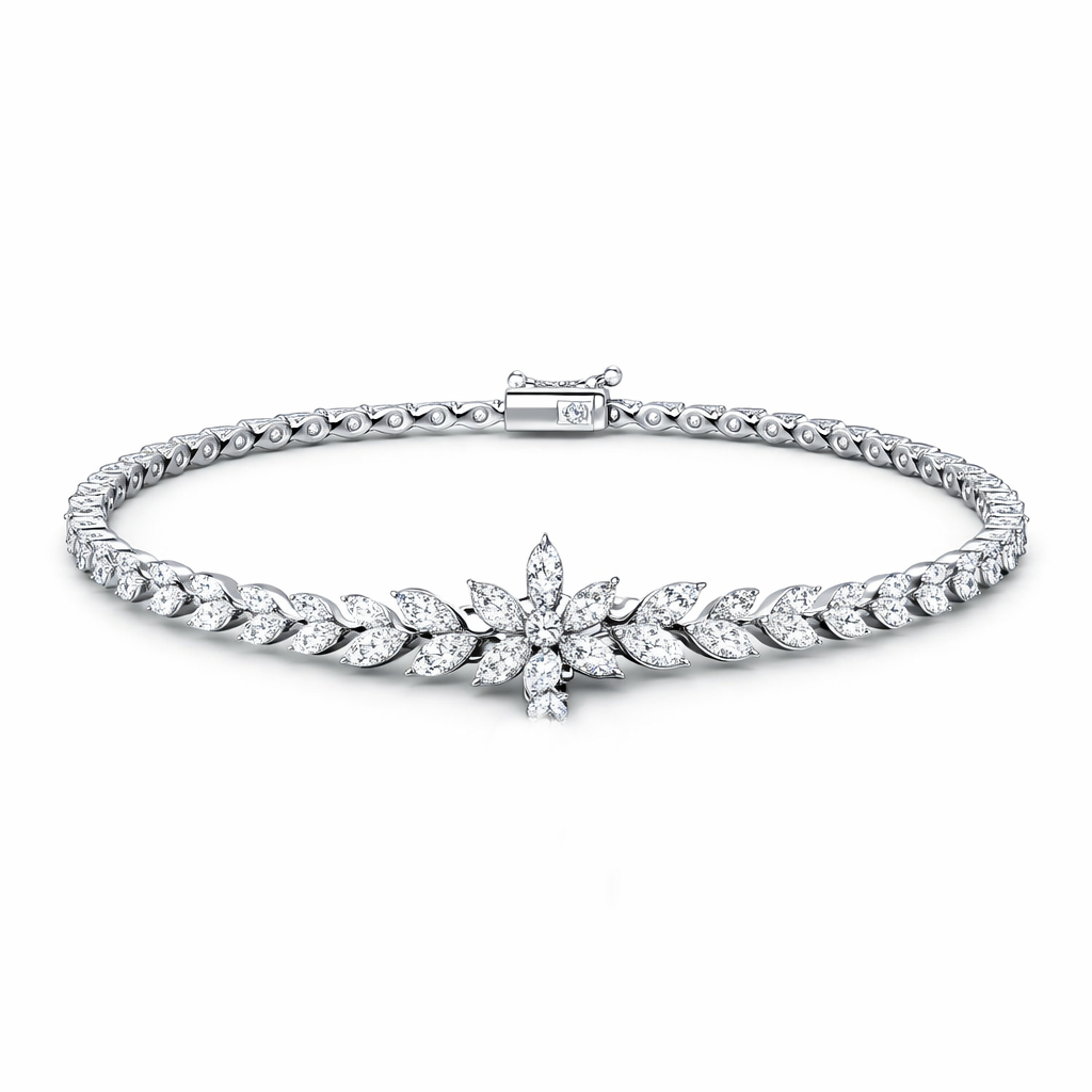 Floral American Diamond Jewelry Set in Rhodium-Plated Sterling Silver-Saleh Sallom