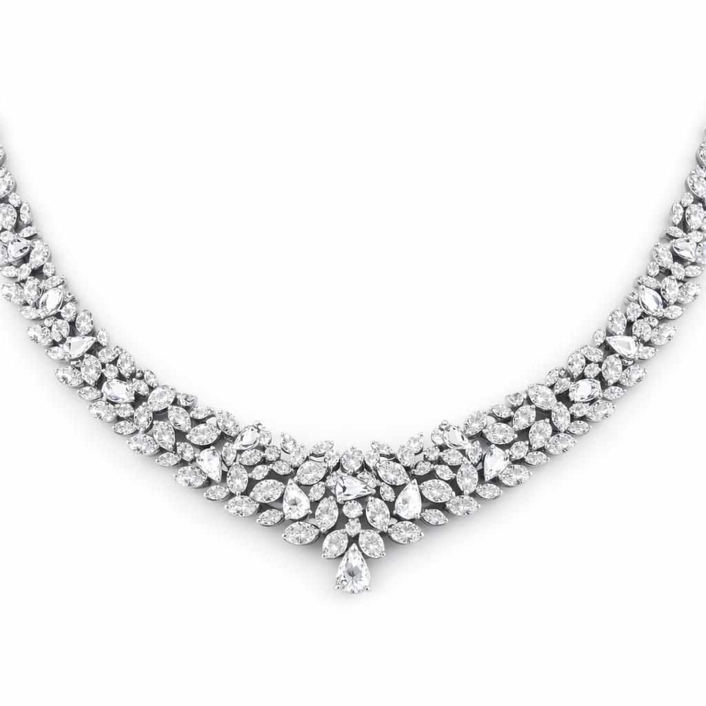 Leaf-Inspired American Diamond Jewelry Set in Rhodium-Plated Sterling Silver-Saleh Sallom