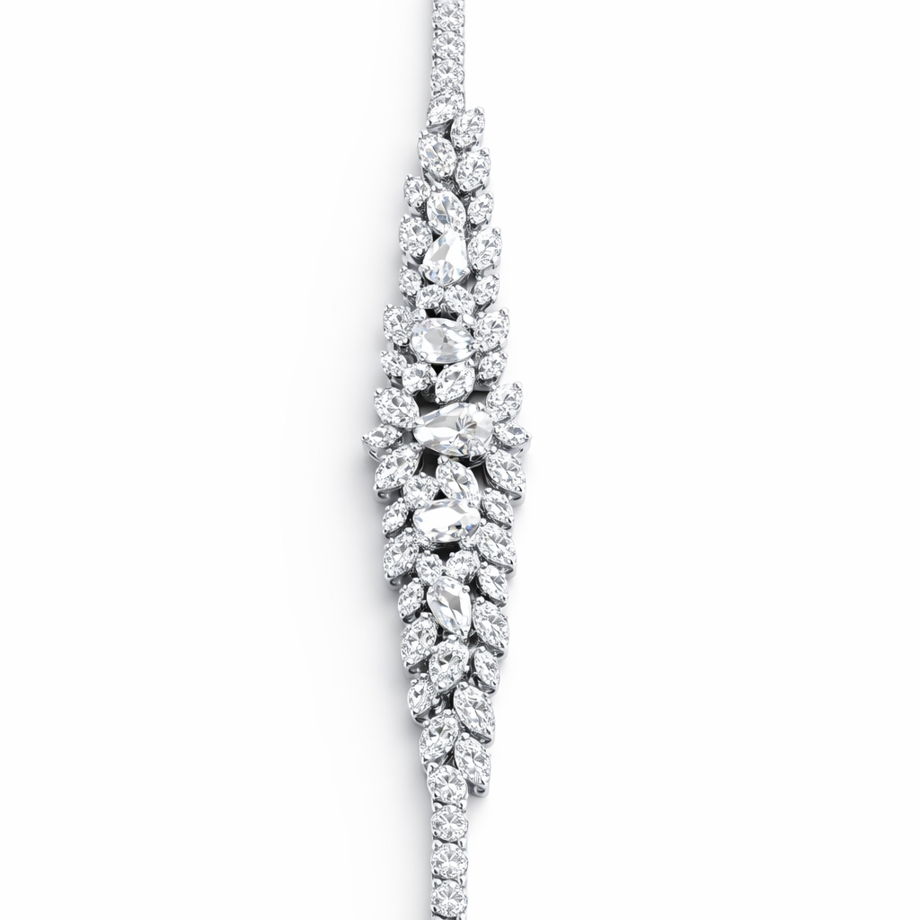 Leaf-Inspired American Diamond Jewelry Set in Rhodium-Plated Sterling Silver-Saleh Sallom