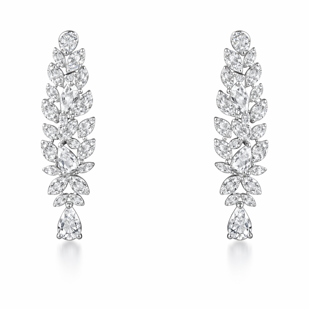 Leaf-Inspired American Diamond Jewelry Set in Rhodium-Plated Sterling Silver-Saleh Sallom