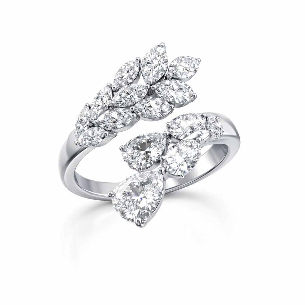 Floral Cascade American Diamond Jewelry Set Rhodium-Plated Sterling Silver-Saleh Sallom