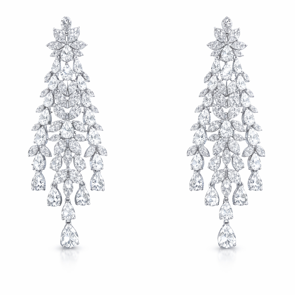 Floral Cascade American Diamond Jewelry Set Rhodium-Plated Sterling Silver-Saleh Sallom