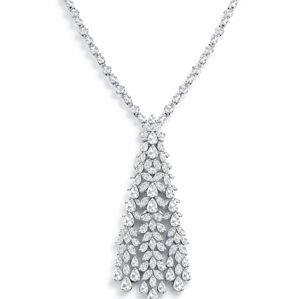 Floral Cascade American Diamond Jewelry Set Rhodium-Plated Sterling Silver-Saleh Sallom