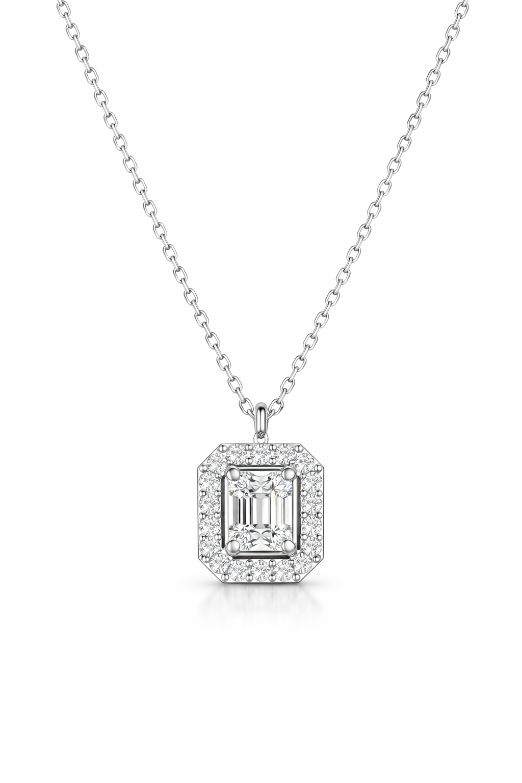Emerald-Cut Diamond Halo Necklace in 18K White Gold-Saleh Sallom