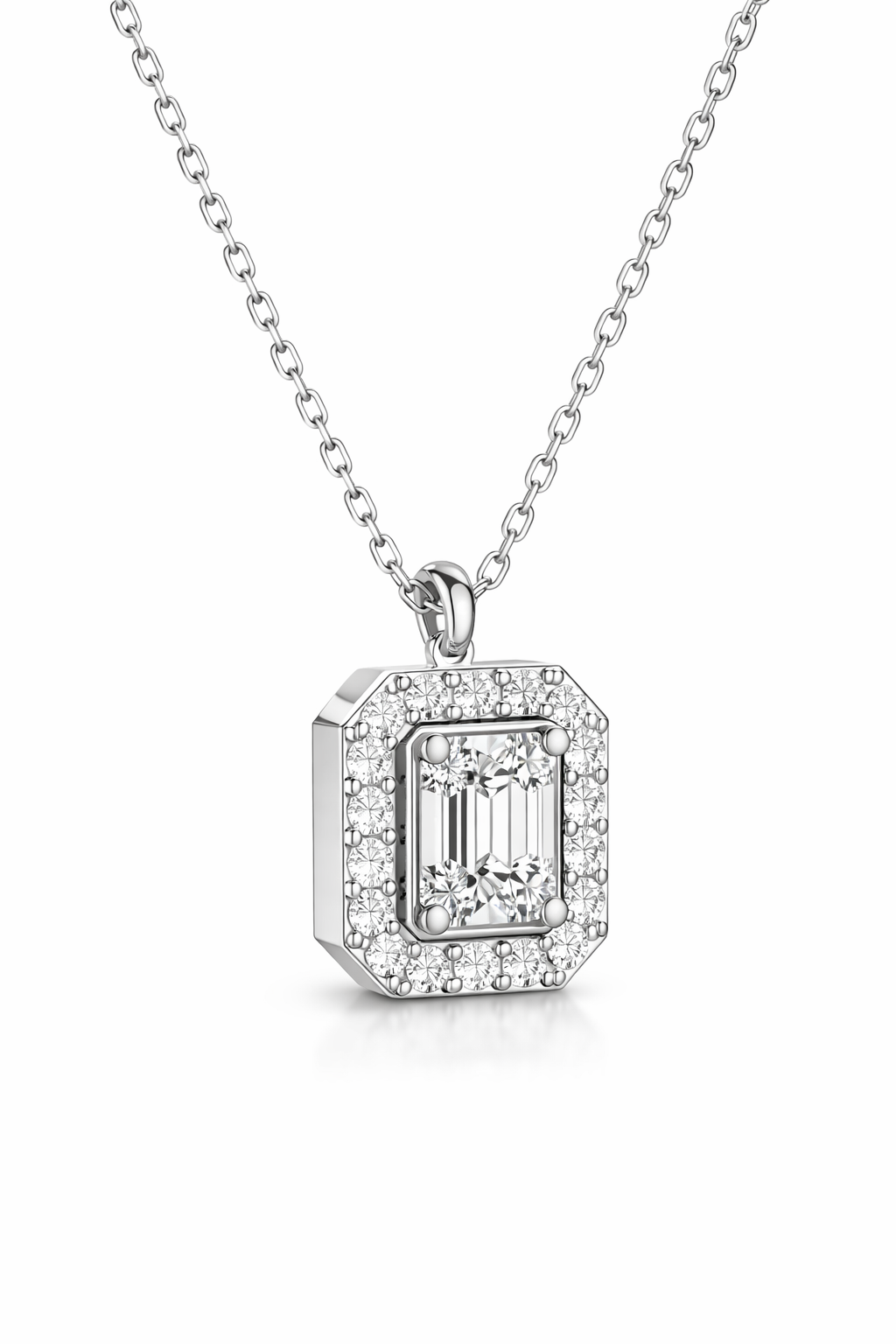 Emerald-Cut Diamond Halo Necklace in 18K White Gold-Saleh Sallom