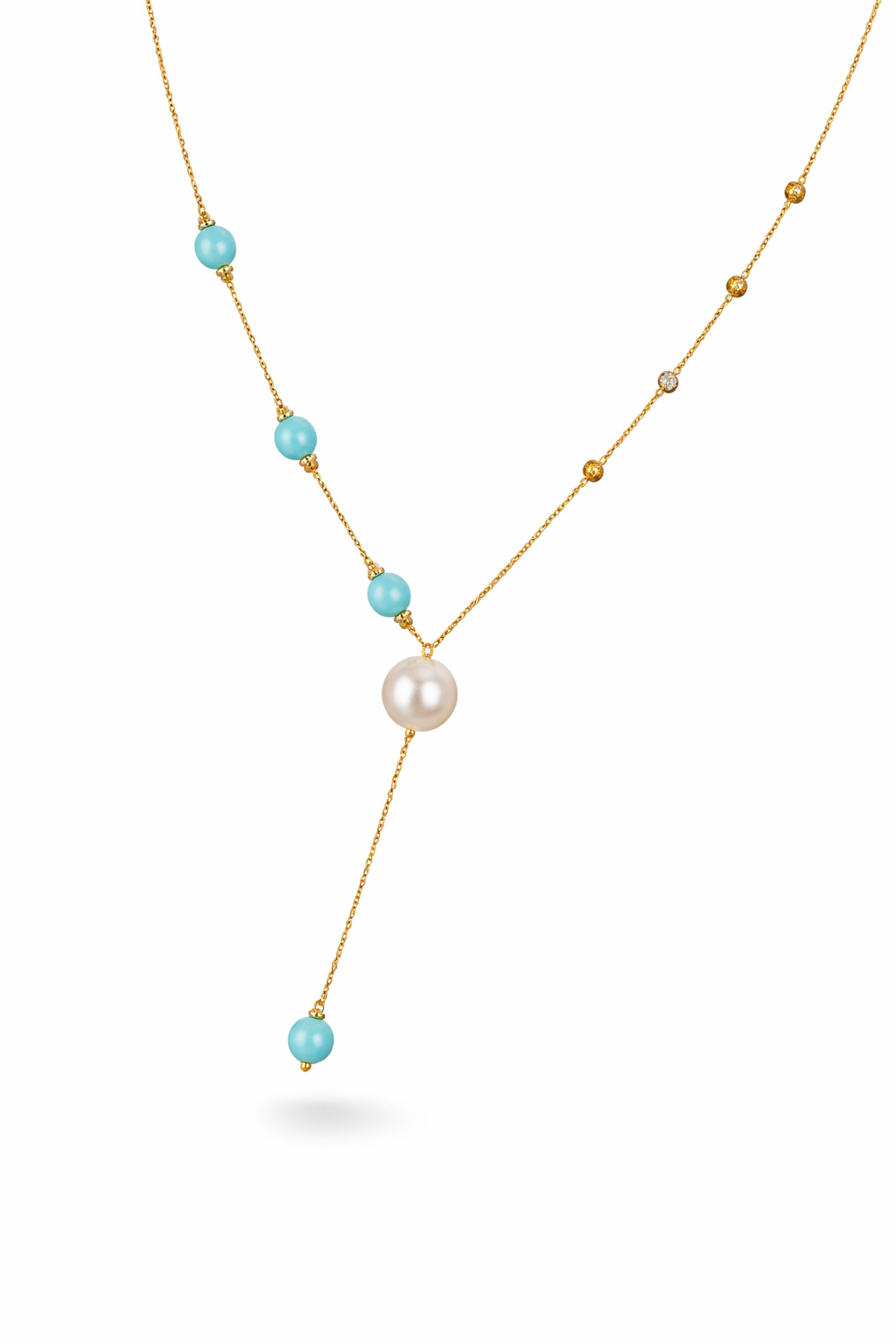 An elegant gold necklace designed with refined detailing and soft color accents.