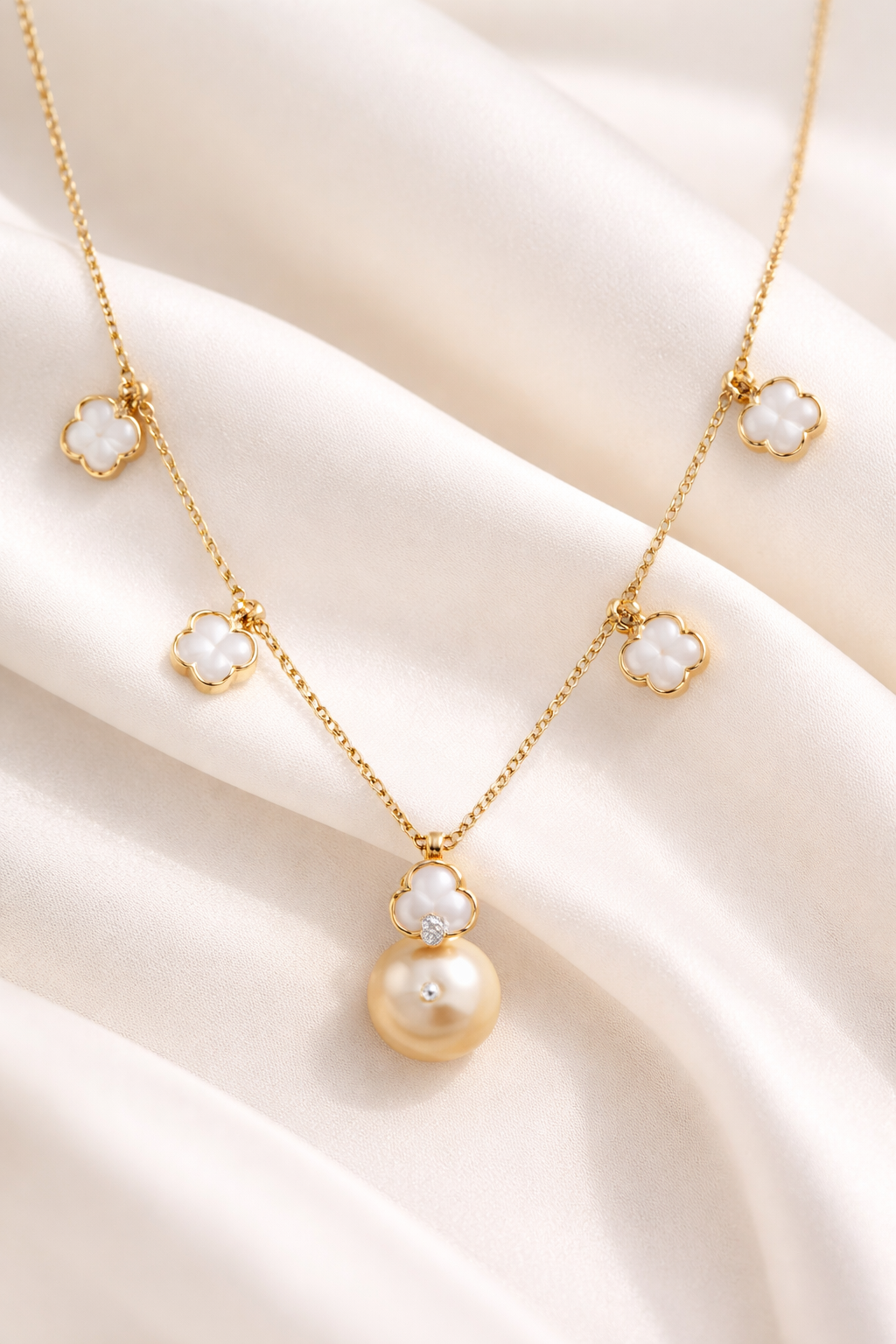 Diamond & Pearl Clover Necklace in 18K Yellow Gold-Saleh Sallom