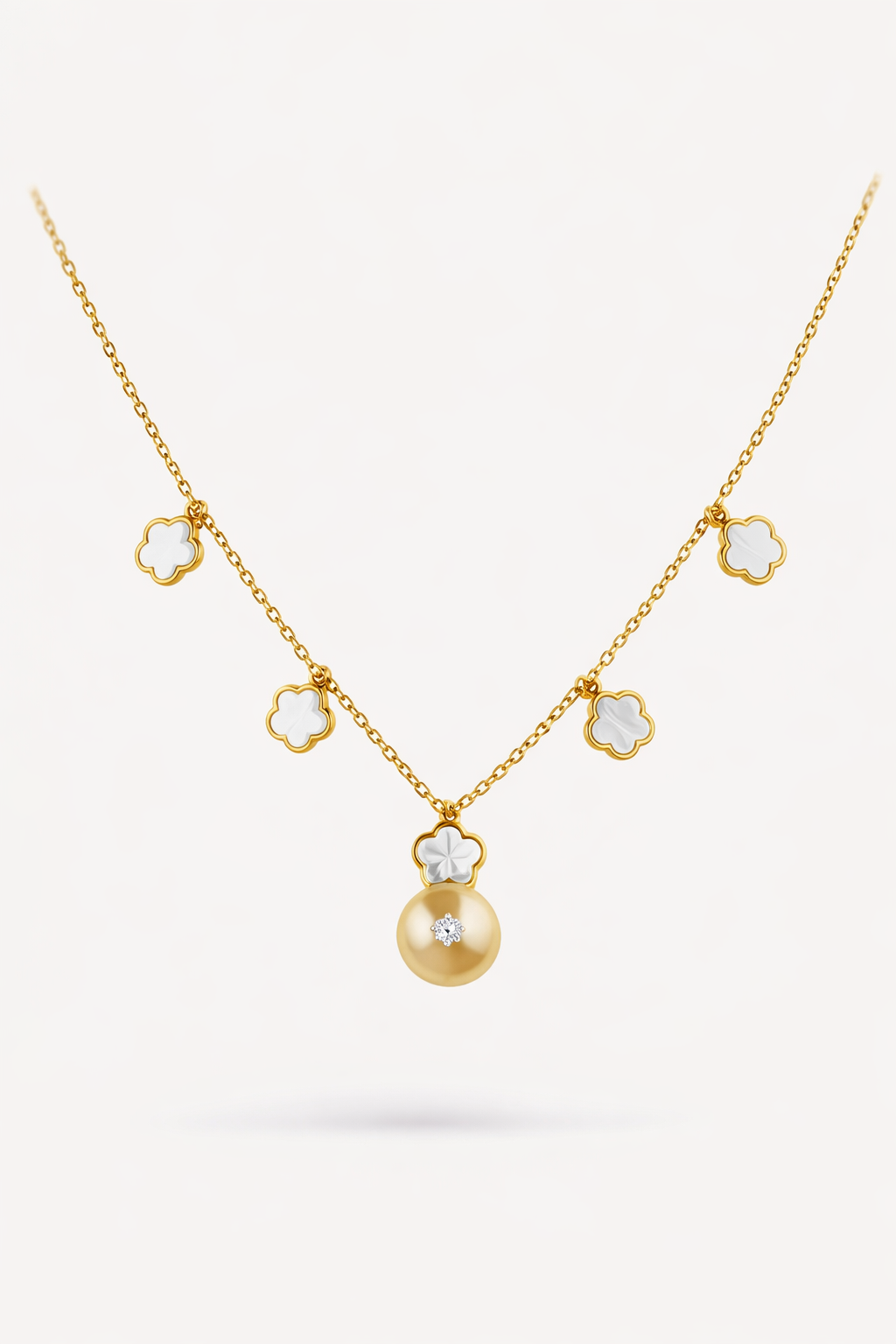 Diamond & Pearl Clover Necklace in 18K Yellow Gold-Saleh Sallom