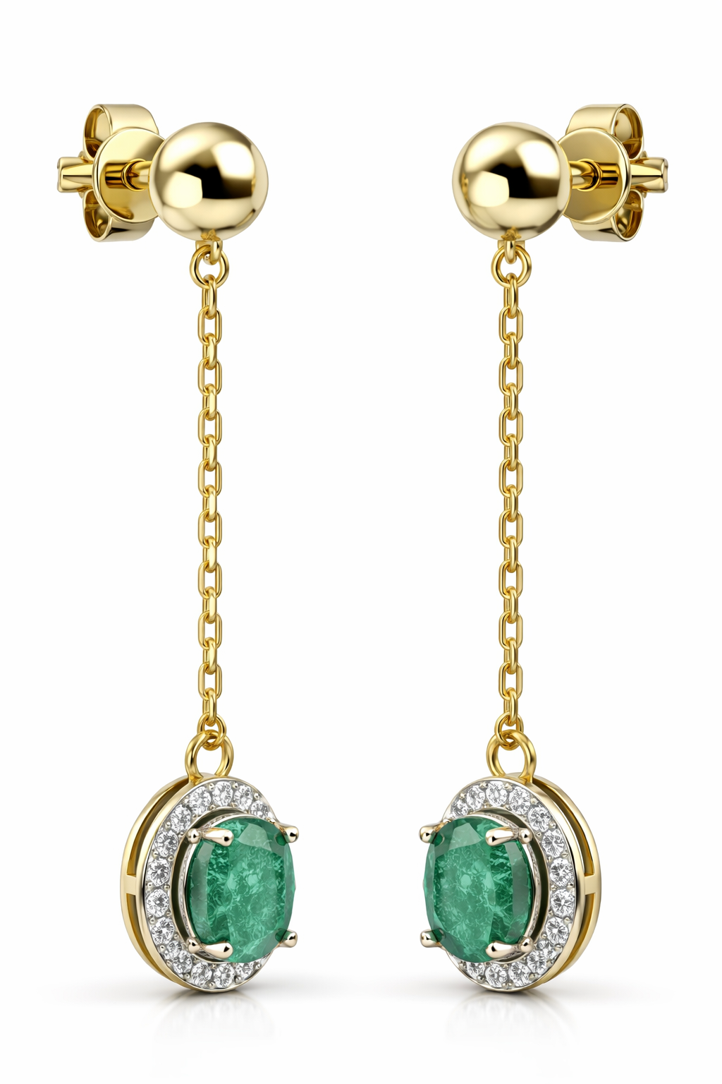 Natural Emerald & Diamond Halo Drop Earrings in 18K Yellow Gold | Elegant Chain Design by Saleh Sallom Secondary image