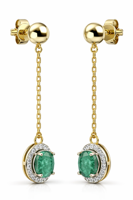 Emerald & Diamond Drop Earrings in 18K Yellow Gold-Saleh Sallom