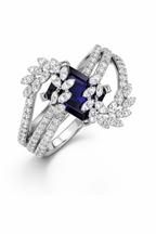 2.01 Carat Natural Emerald-Cut Iolite & 1.09 Carat Diamond Ring in 18K White Gold | IGI Certified | Saleh Sallom-Saleh Sallom