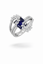2.01 Carat Natural Emerald-Cut Iolite & 1.09 Carat Diamond Ring in 18K White Gold | IGI Certified | Saleh Sallom-Saleh Sallom